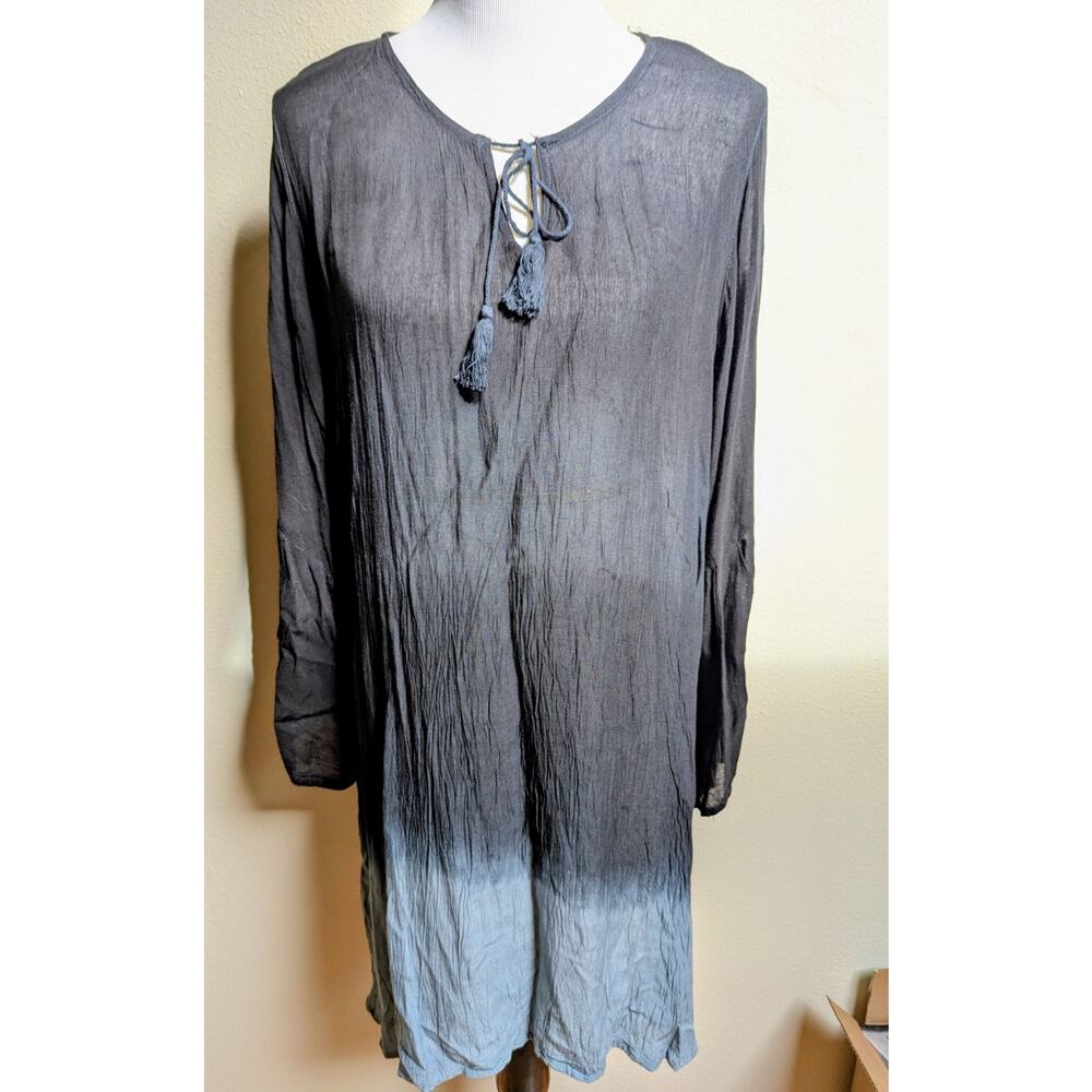 Women’s Black Blue Ombre Tunic Dress V-Neck Long Sleeve Tasseled Tie Lightweight